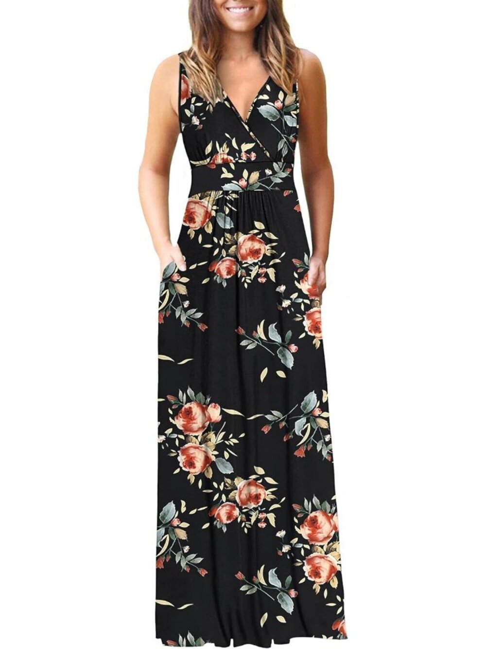 Women's Rose Black Sleeveless Formal V Neck Loose Cocktail Long Maxi Dress